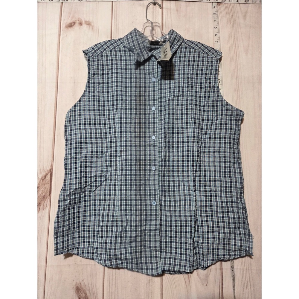 Millenium Womens Plaid Sleeveless Button Up Shirt Size 18 Blue White Casual